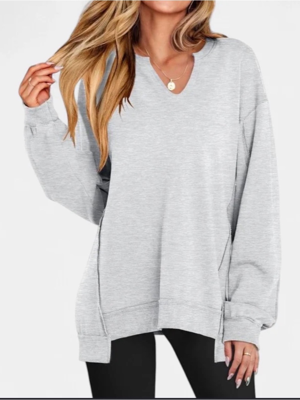 Women’s Gray Oversized Split Neck Tunic Sweatshirt Size Large